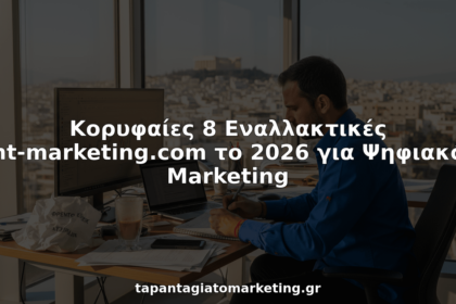 Ένας marketer εργάζεται όρθιος στο γραφείο του, σε ένα σύγχρονο workspace στο κέντρο της πόλης.