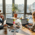 Επαγγελματίες του digital marketing εργάζονται σε έναν φωτεινό και σύγχρονο χώρο γραφείων, γεμάτοι δημιουργικότητα και ενέργεια.