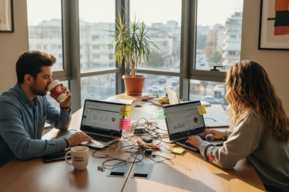 Επαγγελματίες του digital marketing εργάζονται σε έναν φωτεινό και σύγχρονο χώρο γραφείων, γεμάτοι δημιουργικότητα και ενέργεια.