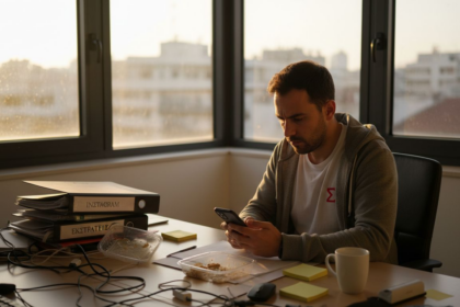 Ο υπεύθυνος εξετάζει τα στατιστικά των social media στον ειδικό χώρο εργασίας.