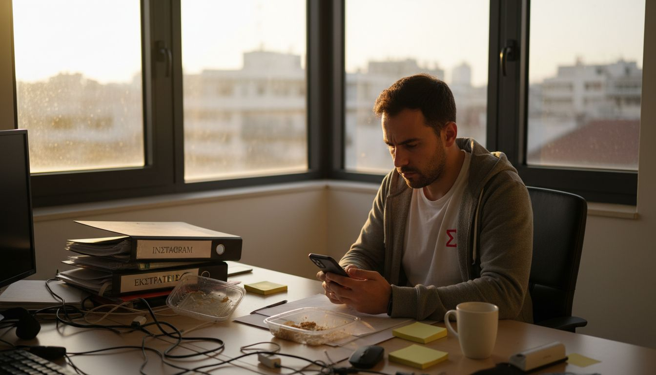 Ο υπεύθυνος εξετάζει τα στατιστικά των social media στον ειδικό χώρο εργασίας.